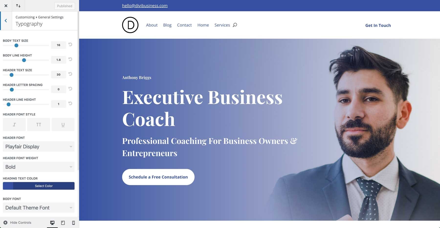 site inicial de coach de negócios para Divi