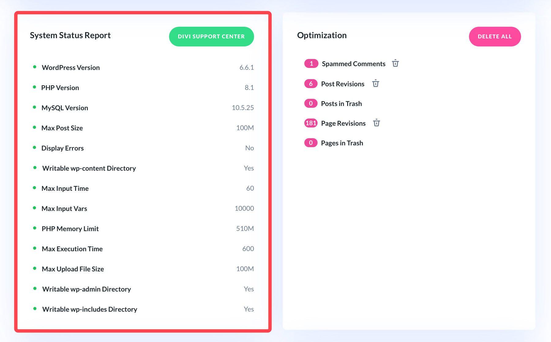 Rapport d’état du système Divi Dash