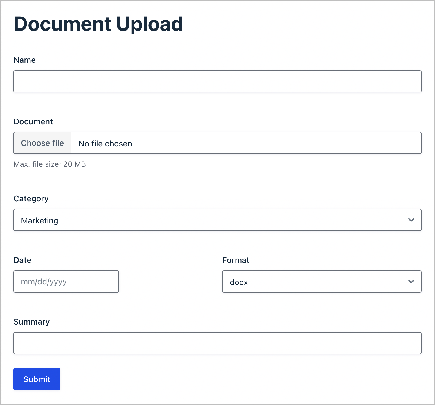 Un formular de încărcare a documentelor construit folosind Gravity Forms; aici există câmpuri pentru Nume, Document (încărcare fișier), Categorie, Data, Format și Rezumat.