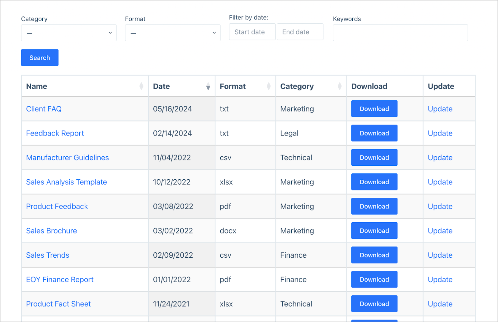 جدول يعرض معلومات حول المستندات الموجودة ضمن نظام إدارة الملفات، بما في ذلك روابط التنزيل.