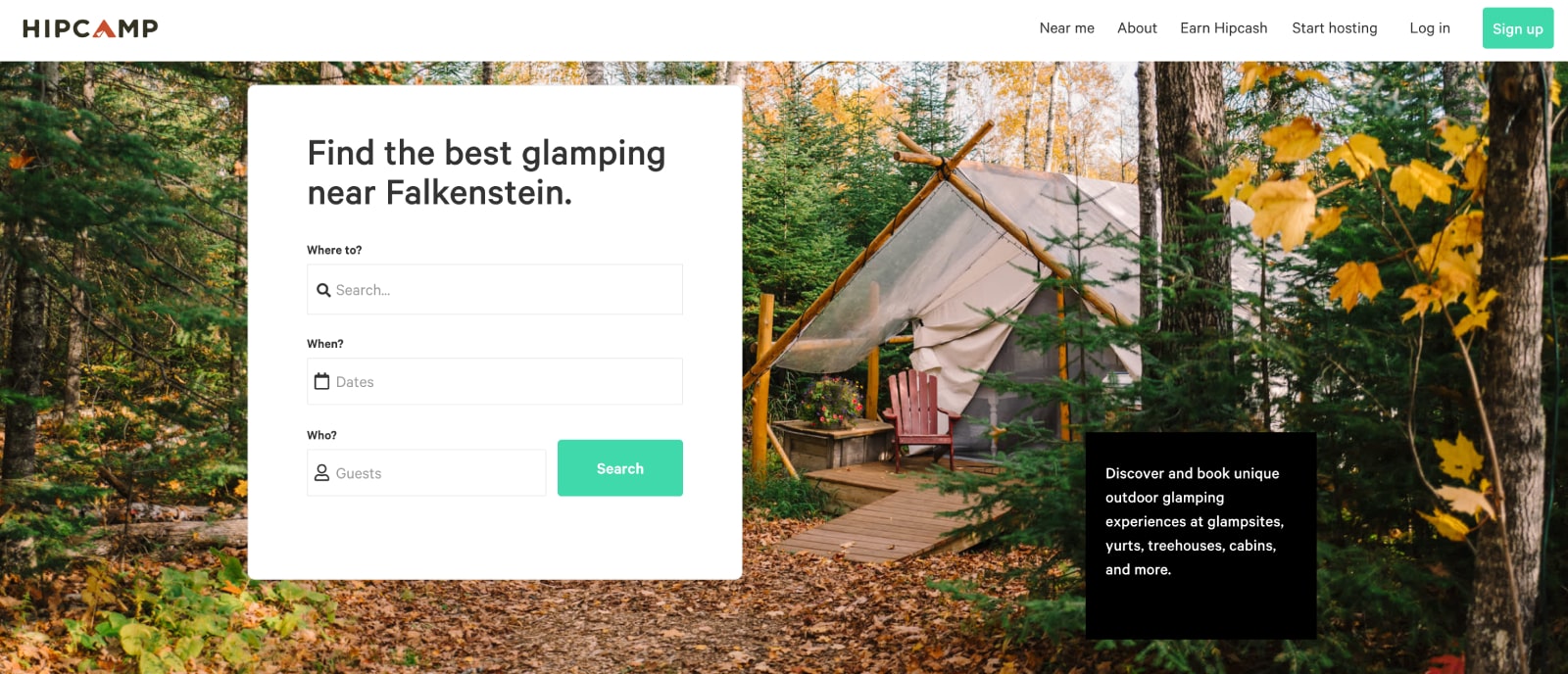 Site Hipcamp pentru glamping.