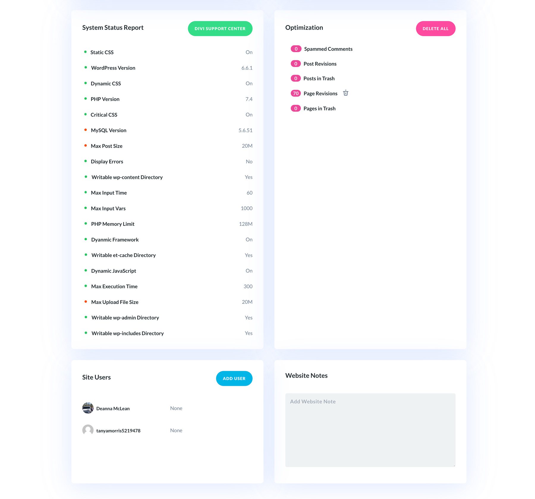 Divi Dash-Systemstatusbericht