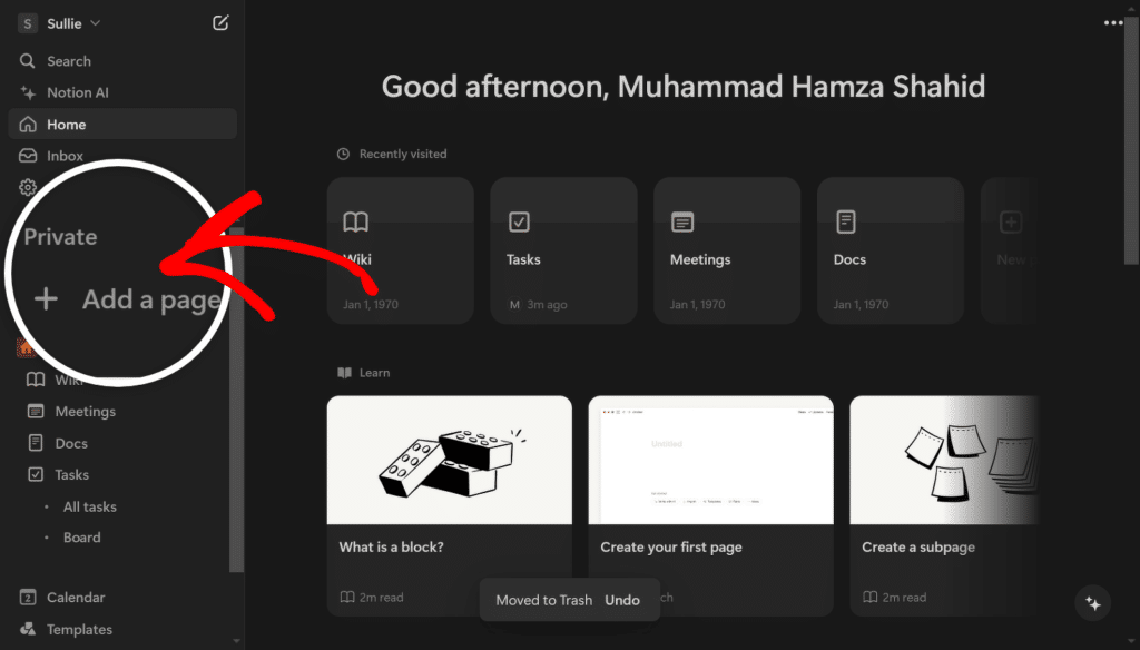notion add a page