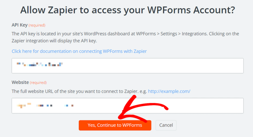 zapier enter wpforms api key