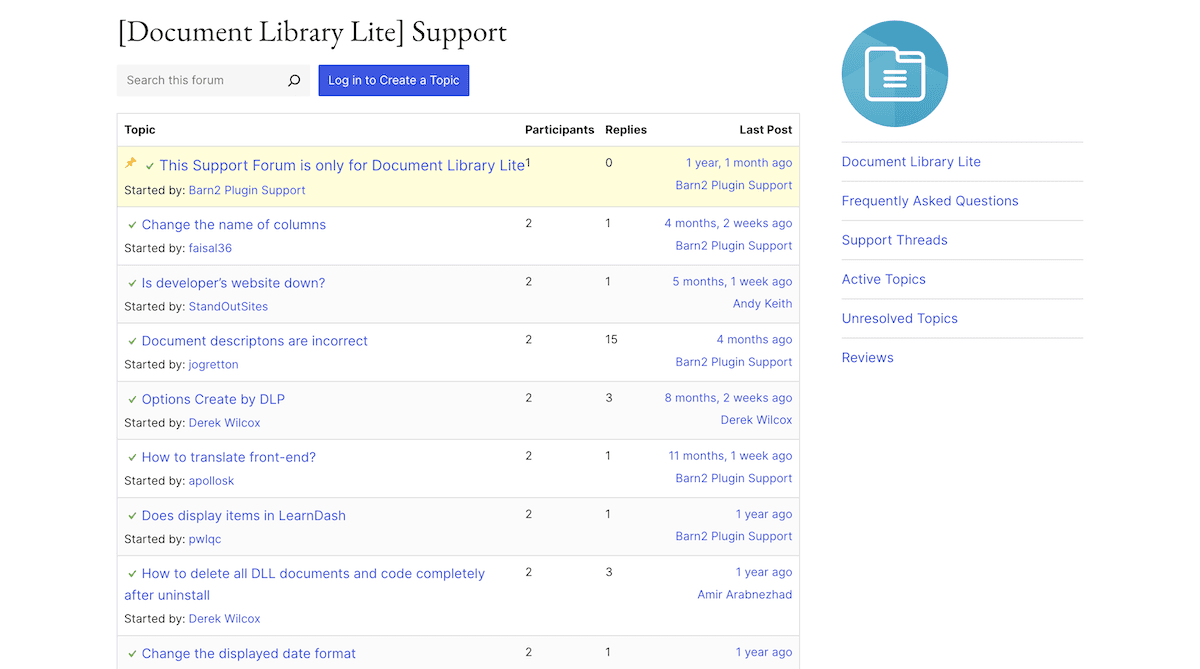 Las páginas de soporte de WordPress.org para un complemento de WordPress.