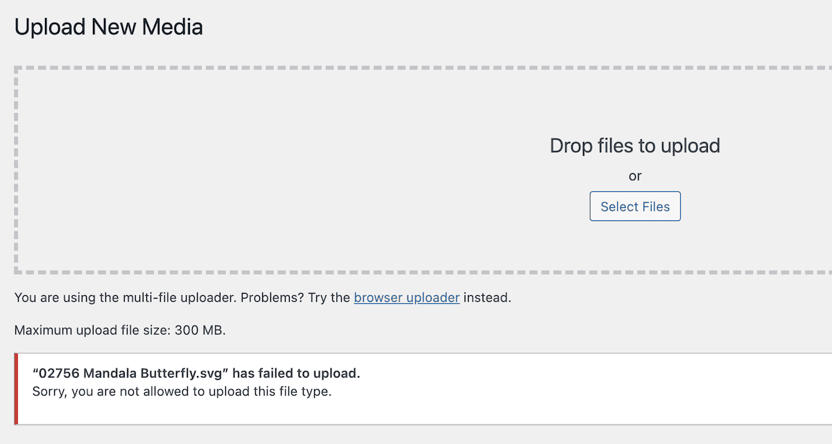 호환되지 않는 파일을 사이트에 업로드하면 WordPress 오류가 발생합니다.