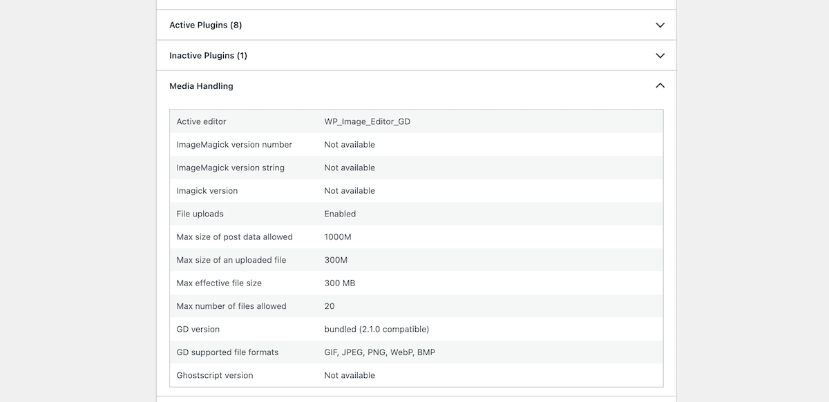 Ver el tamaño máximo de carga en la página Salud del sitio de WordPress.