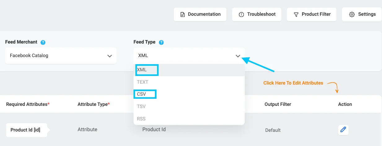 Type de flux de flux de produits Woocommerce Facebook