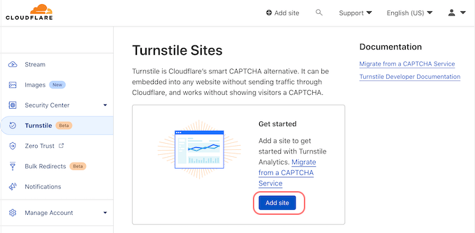 Adding Sites to Turnstile option in Cloudflare account