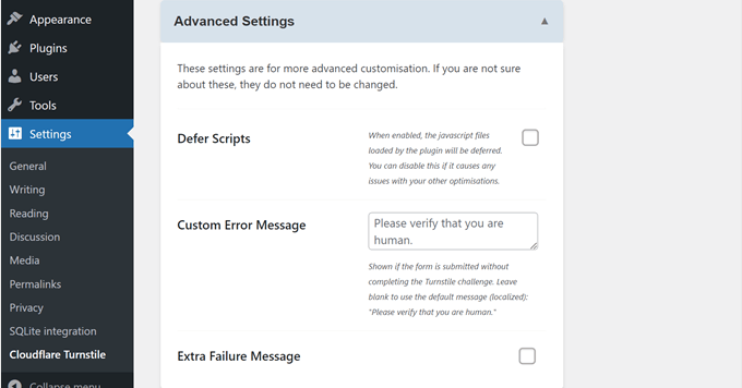 Advanced Settings of Cloudflare Turnstile