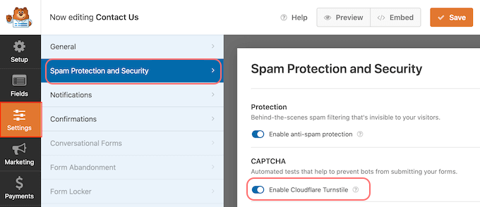 Spam Protection and Security option in WPForms