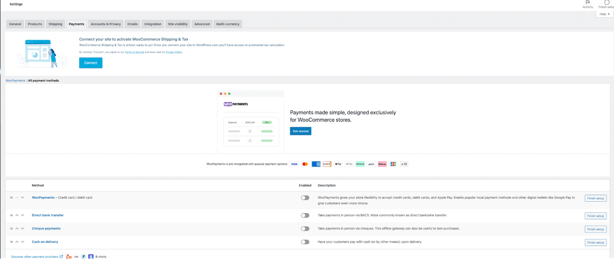 Registerkarte „Zahlungen“ – Quelle: WooCommerce-Dashboard 