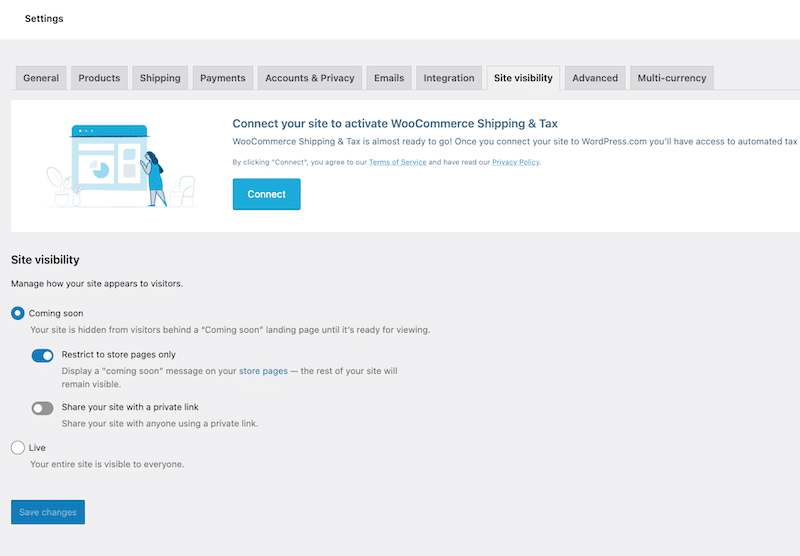 Scheda Visibilità del sito - Fonte: dashboard WooCommerce 