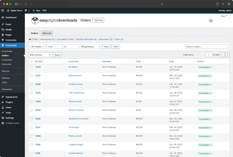 EDD-Schnittstelle und Beispielbericht für digitale Güter – Quelle: Easy Digital Downloads Interface 