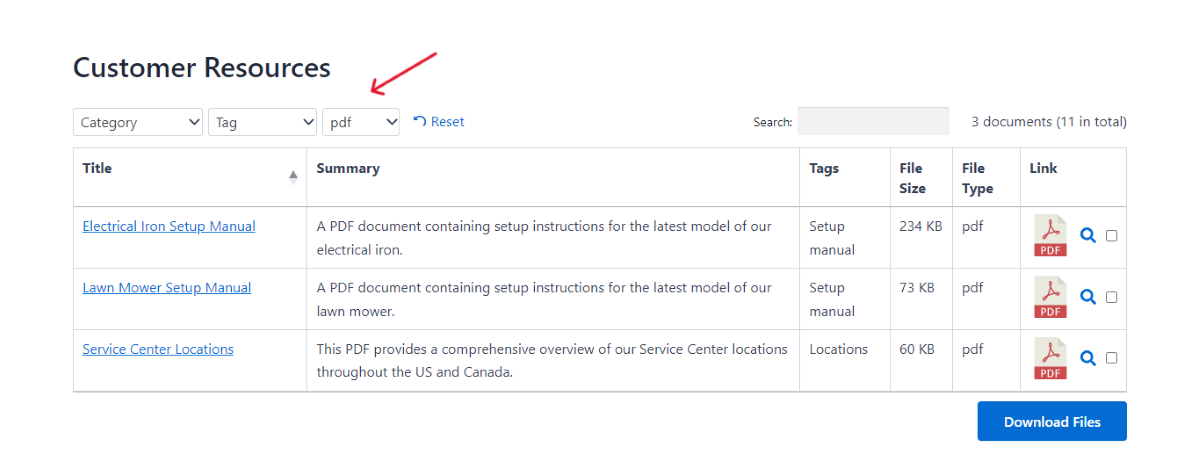 Un tableau de documents sur le front-end d'un site Web affichant les menus déroulants de filtrage pour les fichiers disponibles.