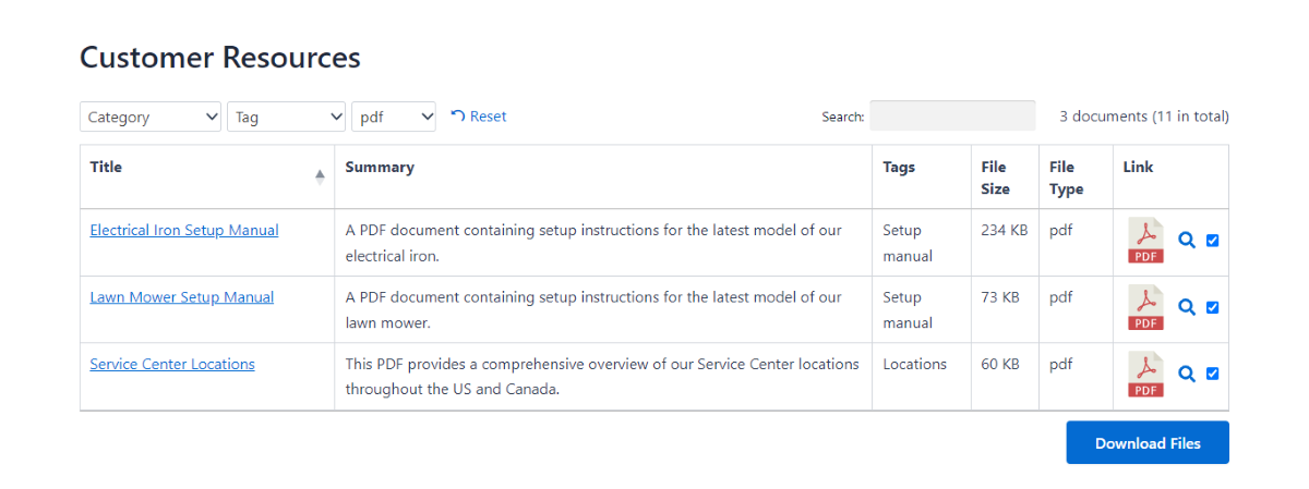 Une bibliothèque de documents WordPress sur le front-end d'un site Web.