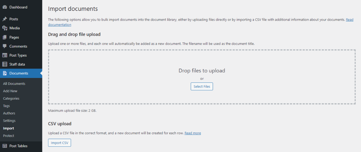 A interface de upload do Document Library Pro no WordPress.