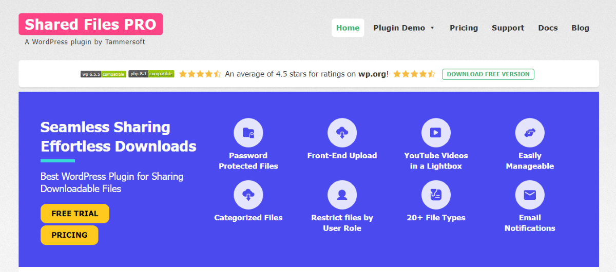 El sitio web del complemento Shared Files Pro.