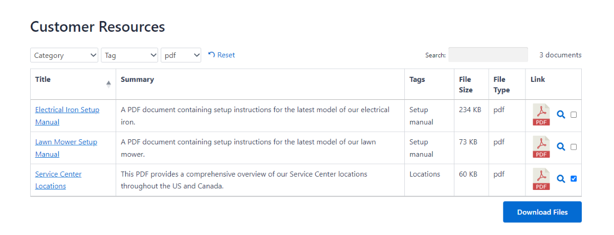 La disposition des fichiers de table de Document Library Pro sur le frontal.