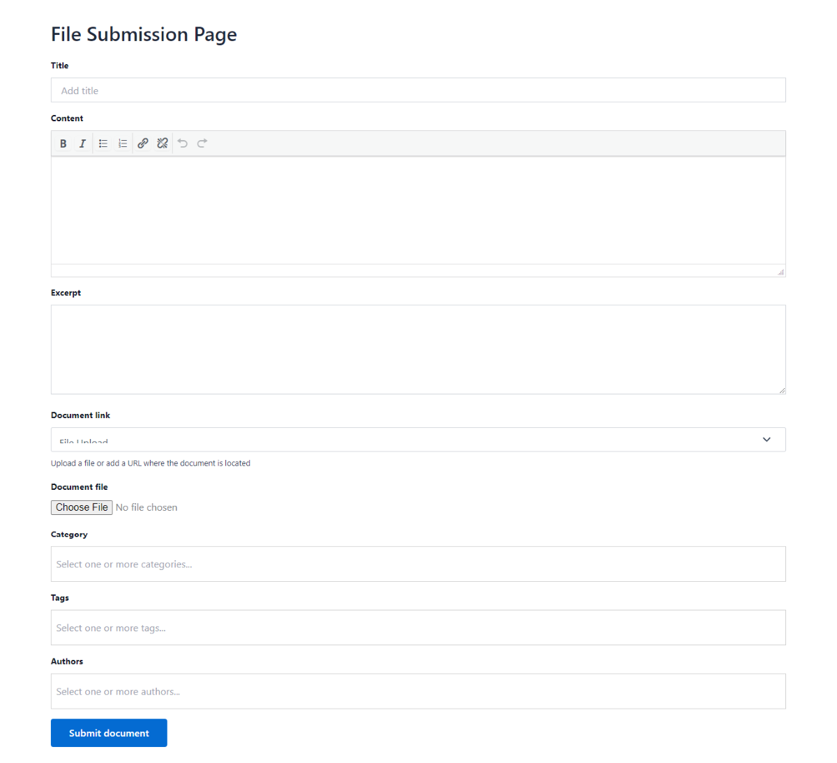 Eine Dateiübermittlungsseite für Document Library Pro.