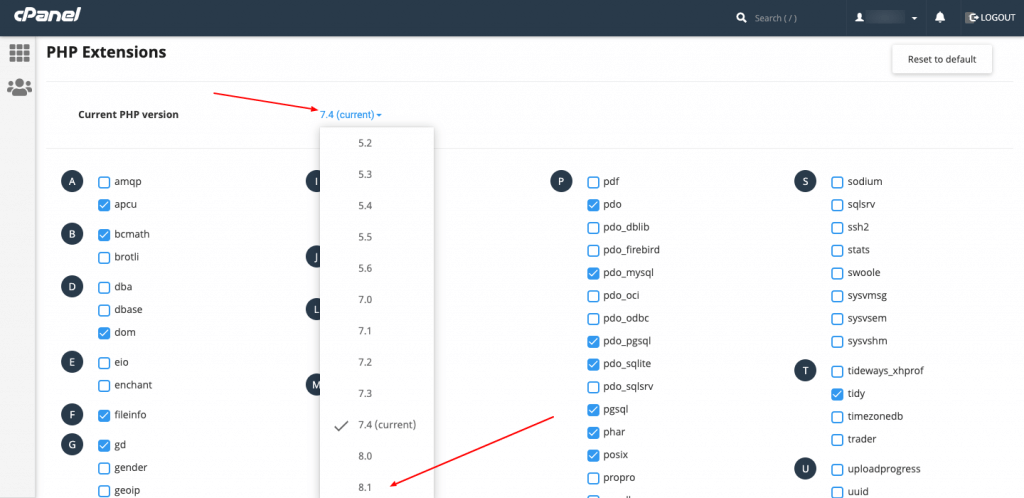 Change and update the PHP version