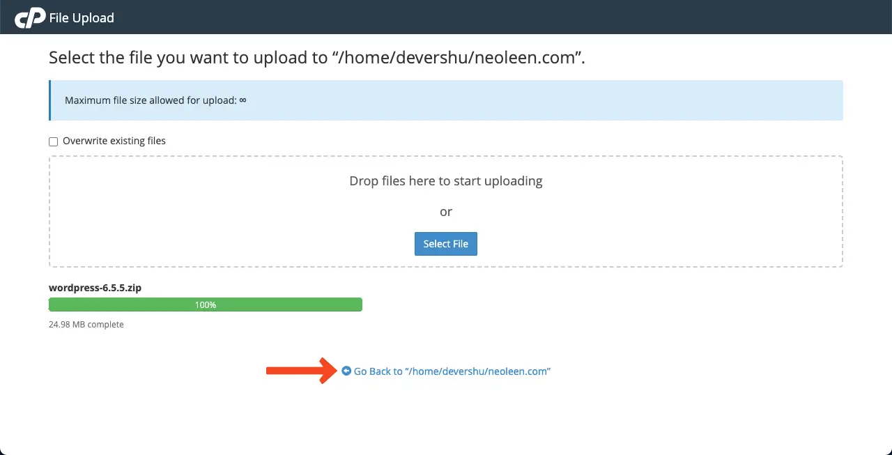 Uploading the come WordPress file completes