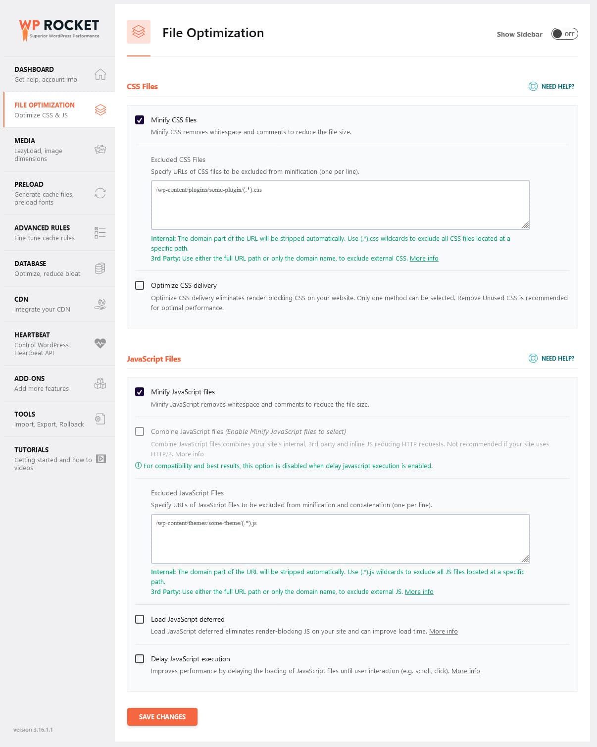 Exemple d'interface utilisateur WP Rocket