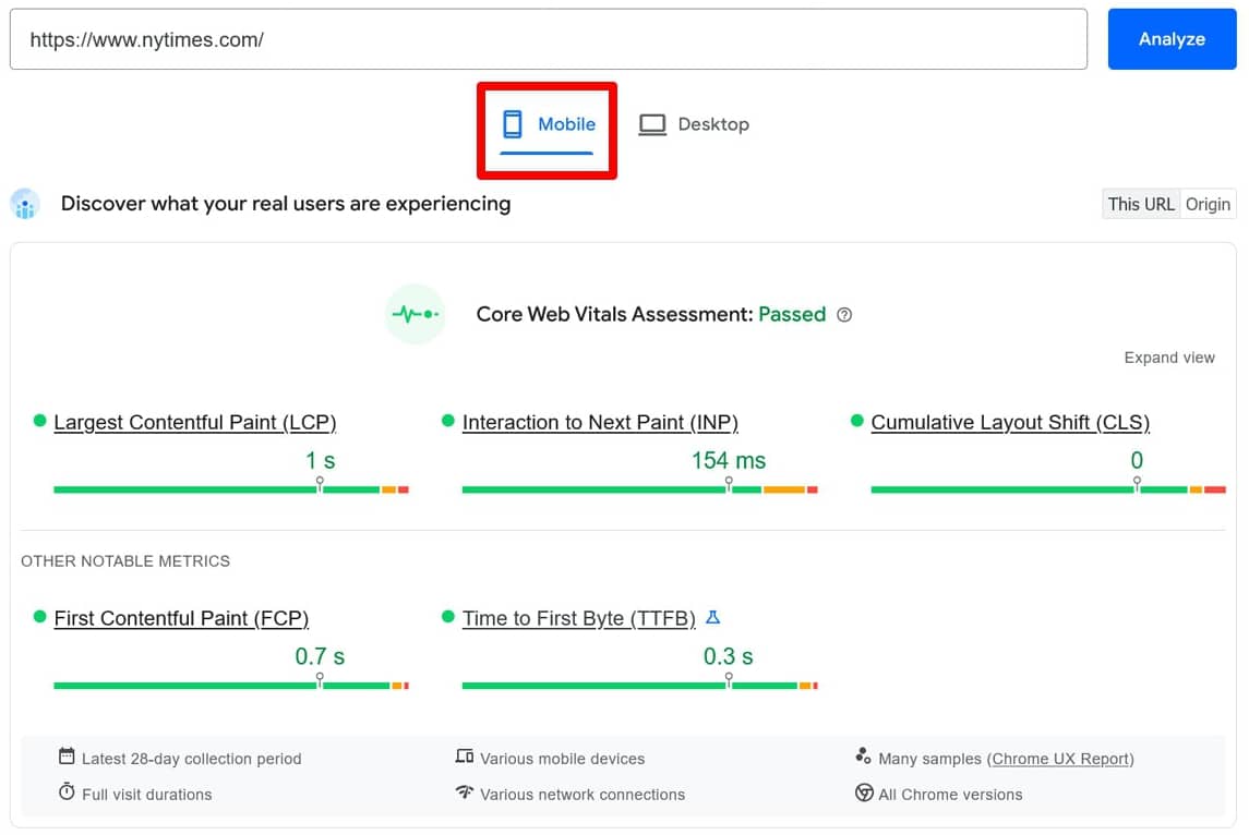 Mobil performans PageSpeed ​​Insights'ta ayrı olarak analiz edildi