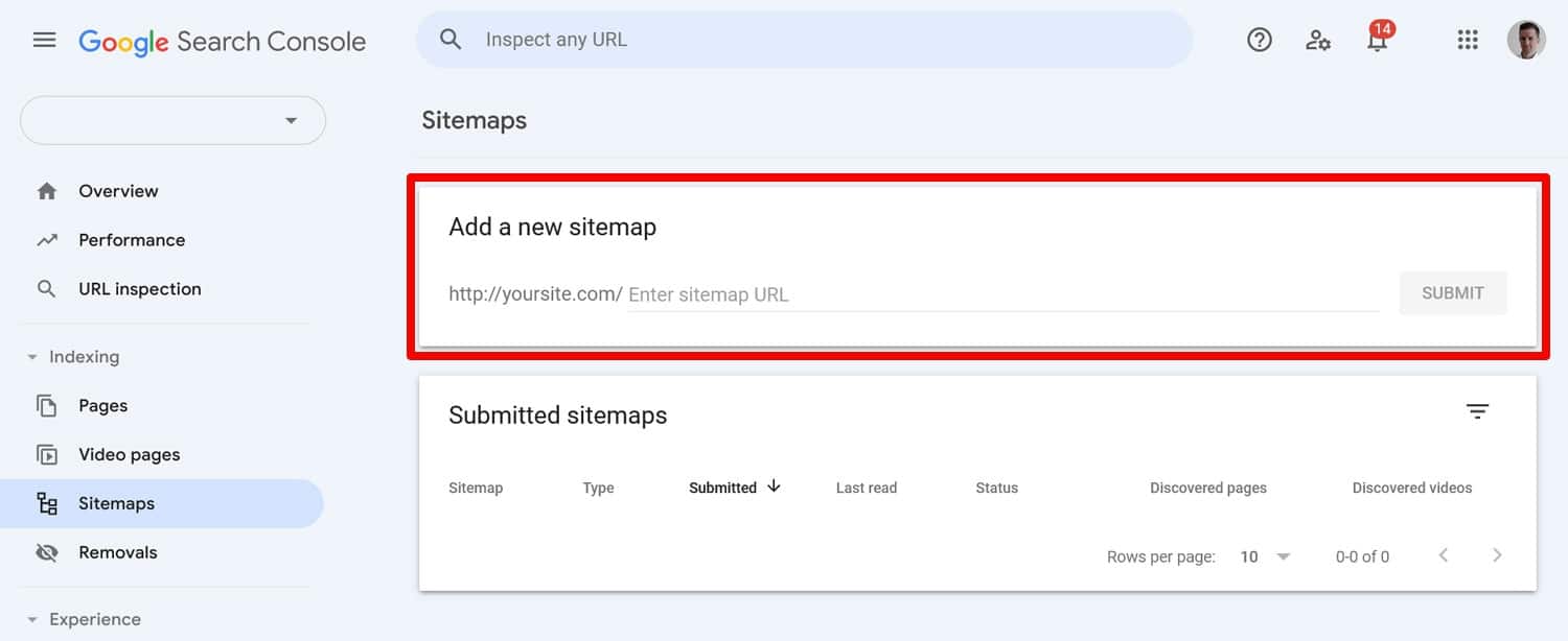 Opzione di invio della mappa del sito in Google Search Console