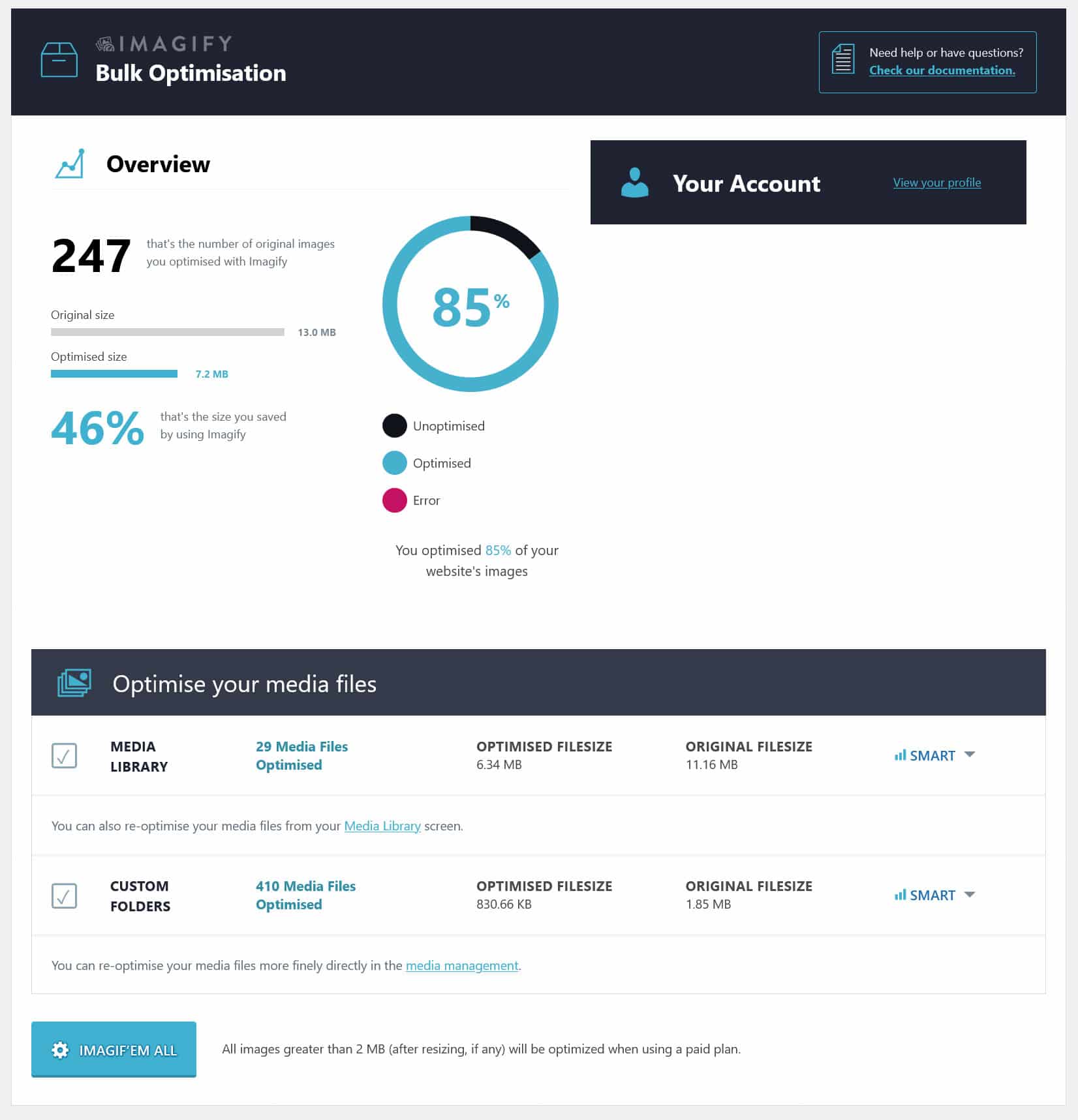 Опция оптимизации объемного изображения Imagify