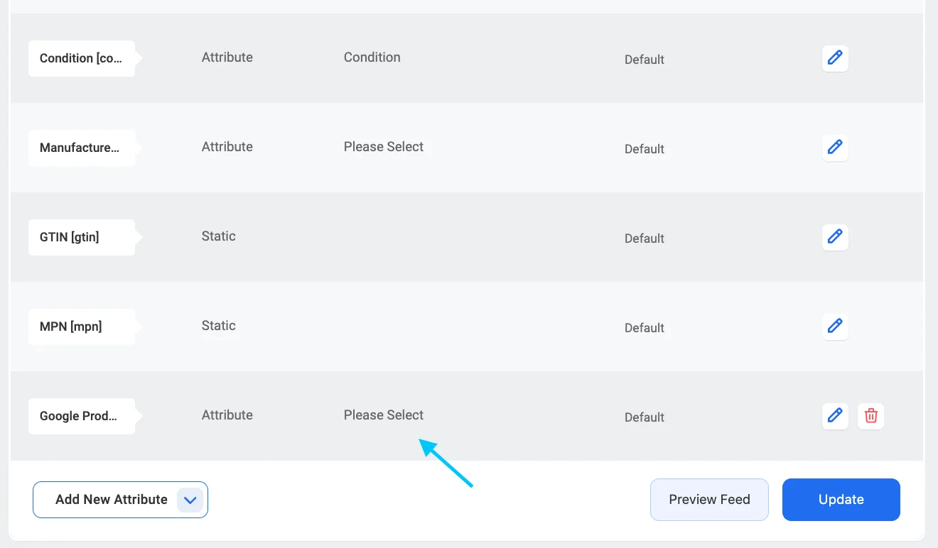 sélectionnez l'option d'attribution de valeur dans la catégorie Google dans PFM