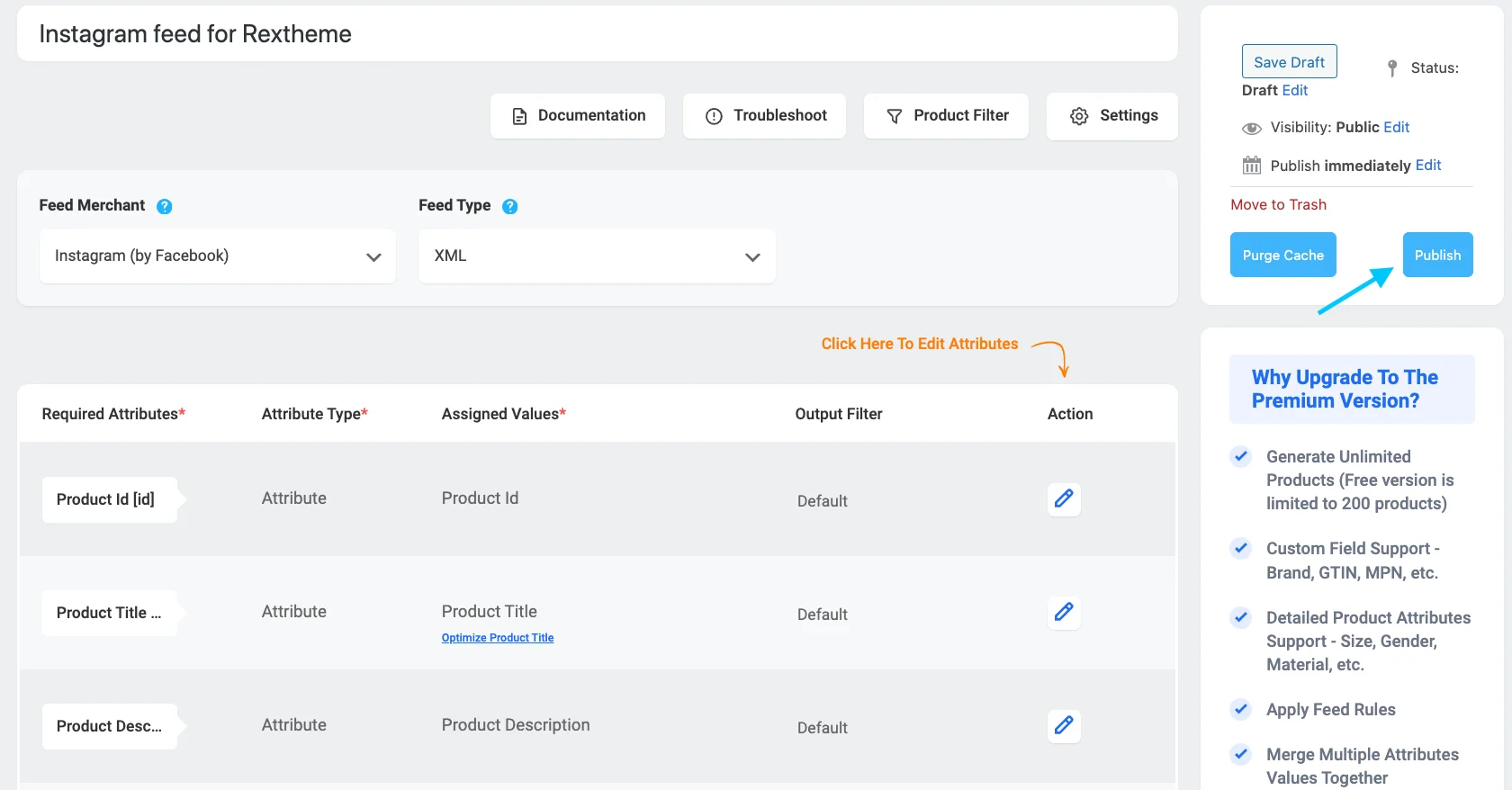 Option zum Veröffentlichen von Feeds im Produkt-Feed-Manager