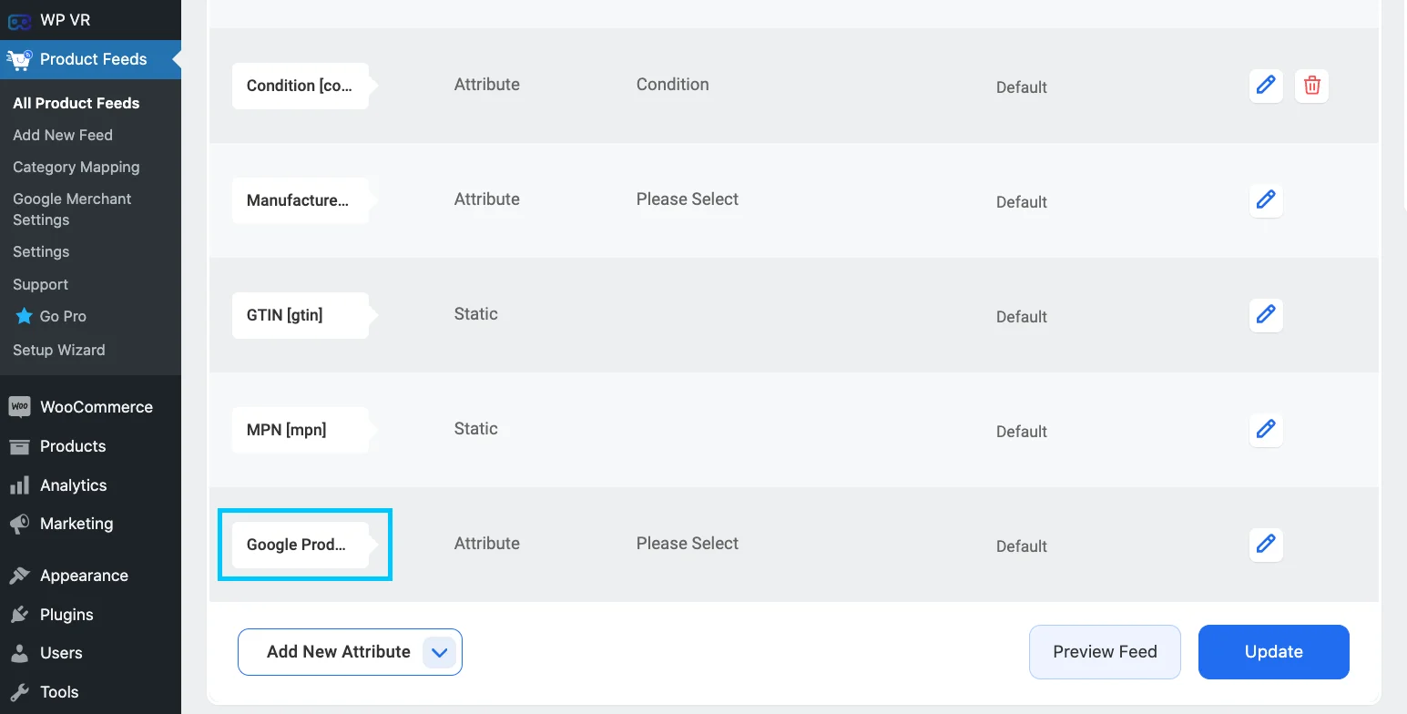 escolha o atributo de categoria de produto do Google