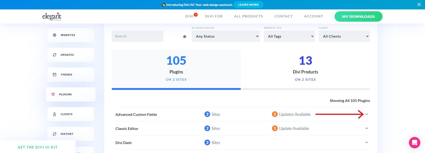 dropdown pembaruan plugin divi dash