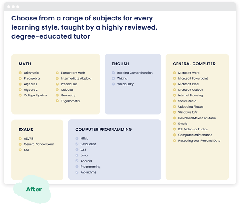 Uma lista organizada de disciplinas de reforço em blocos coloridos