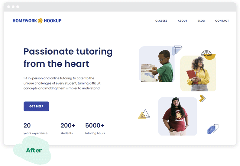 A página inicial do Homework Hookup após a reformulação do site