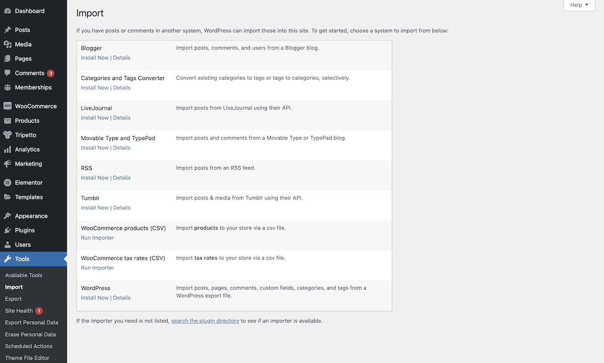 다양한 파일 형식을 가져오기 위한 플러그인 옵션 목록을 표시하는 WordPress 내 가져오기 대화 상자.