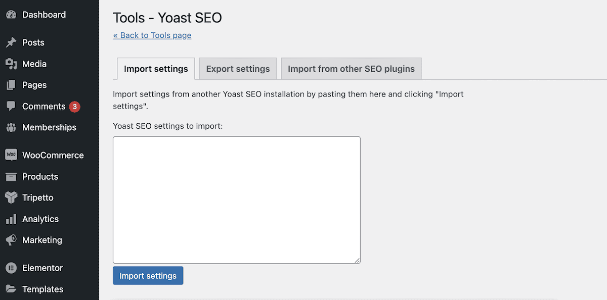 Layar pengaturan impor plugin Yoast SEO.