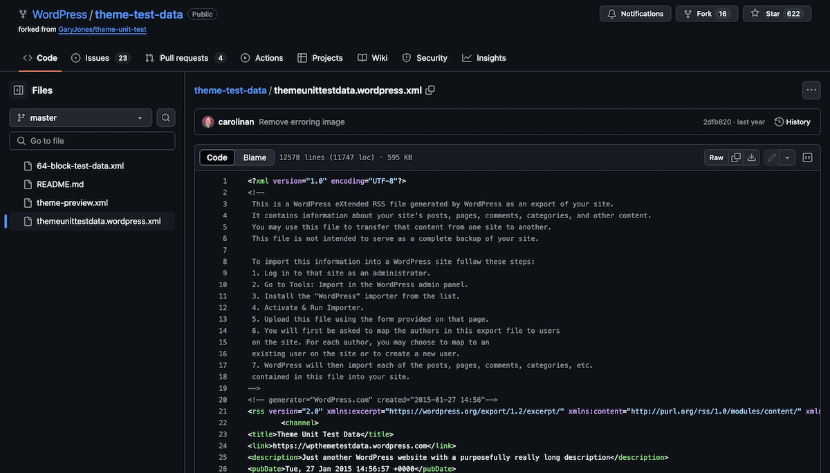 Das WordPress-GitHub-Repository mit der XML-Datei „Theme Unit Test Data“.