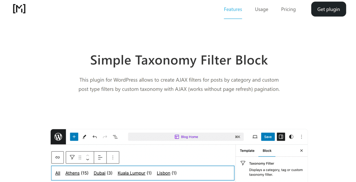 Le site Web du plugin de filtre de taxonomie simple.