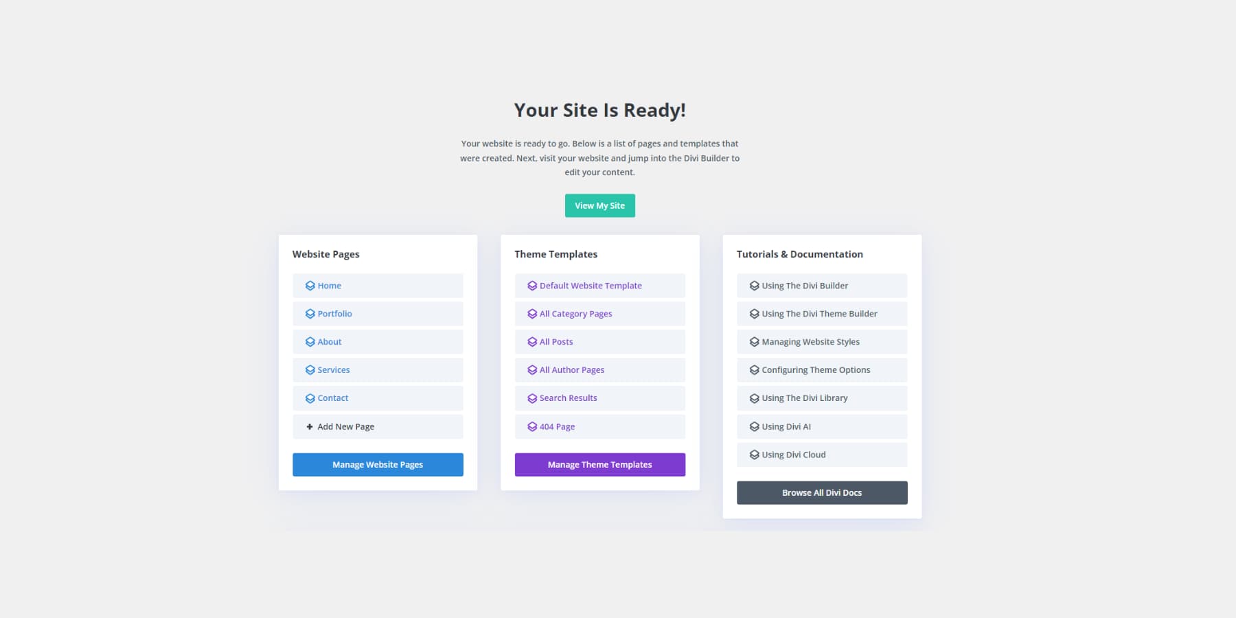 웹사이트 디자인 후 Divi Quick Sites 대시보드 스크린샷