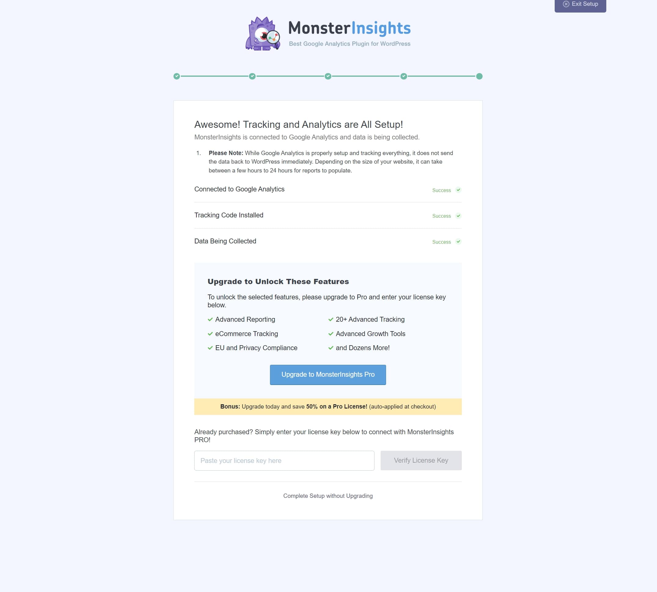 Monitoraggio di monsterinsights completato