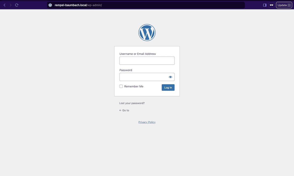 Layar login WordPress, menampilkan URL di header browser.