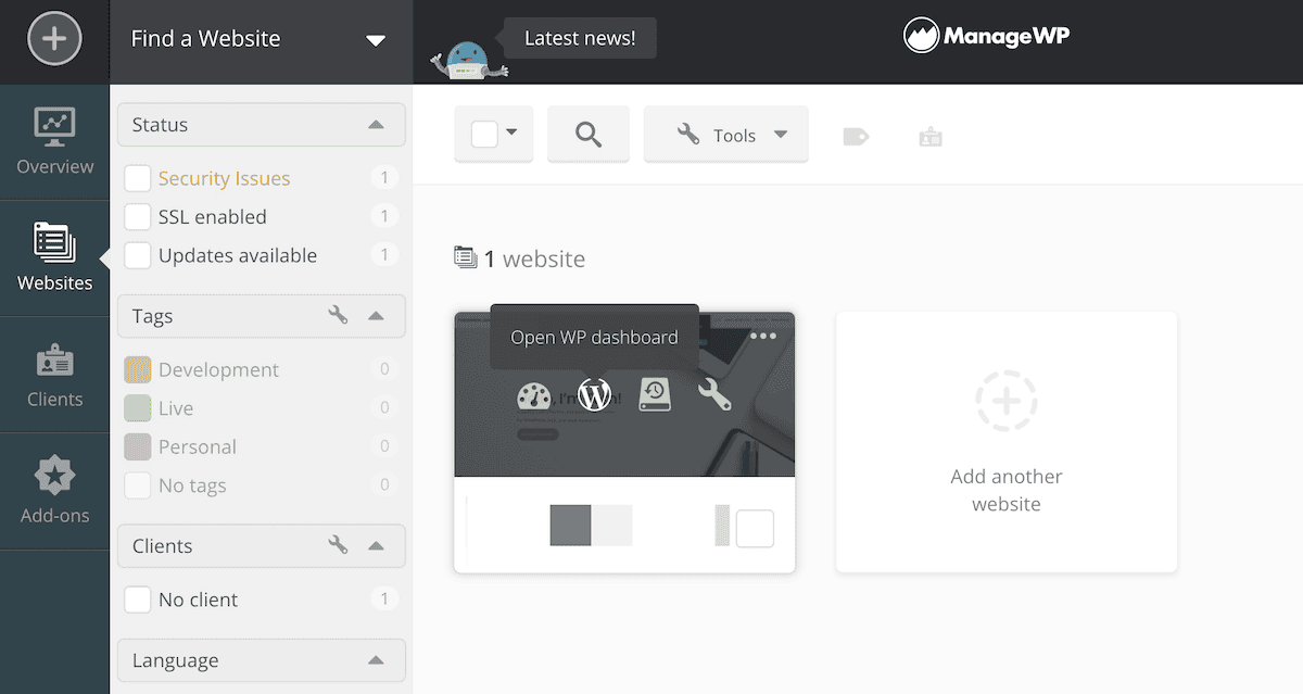 La dashboard di ManageWP che mostra un collegamento alla dashboard WordPress di un sito Web.