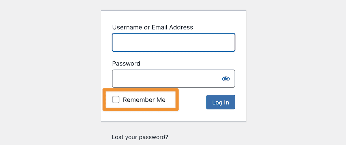 Halaman login WordPress, sorot kotak centang Ingat Saya.