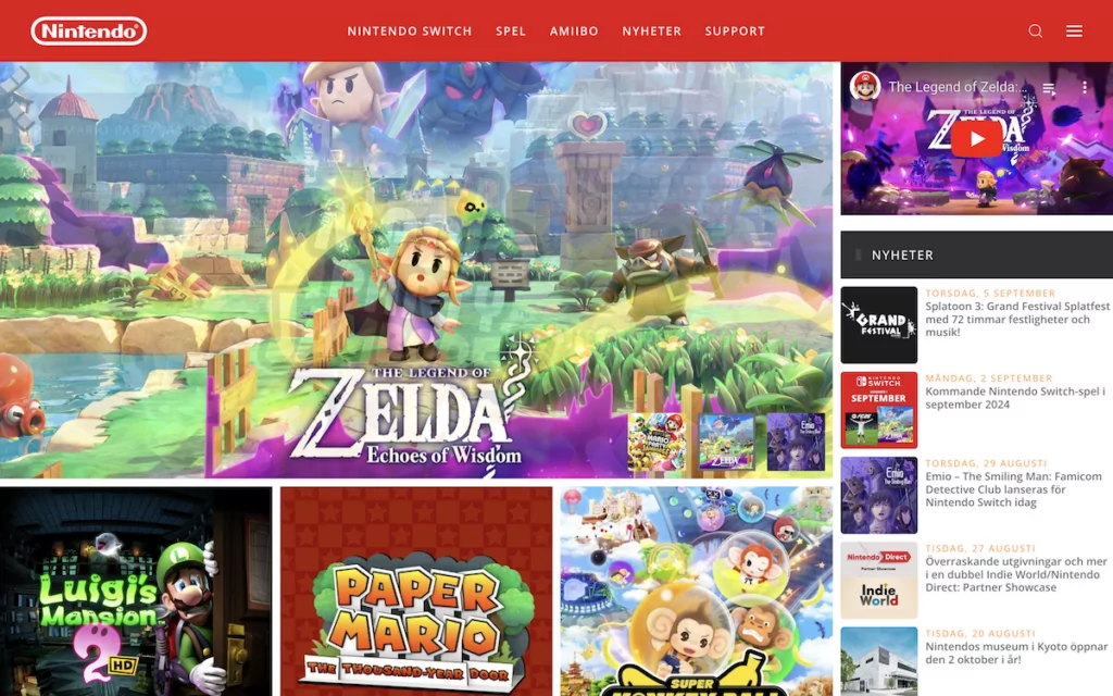 เว็บไซต์ Nintendo ของสวีเดน ซึ่งทำงานบน Joomla! CMS หลายภาษา