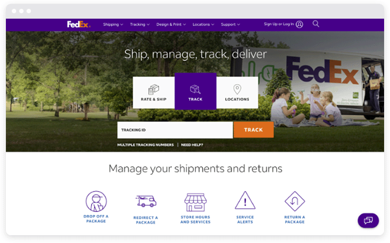 شريط التنقل الأرجواني وشعار الصورة على موقع FedEx الإلكتروني.