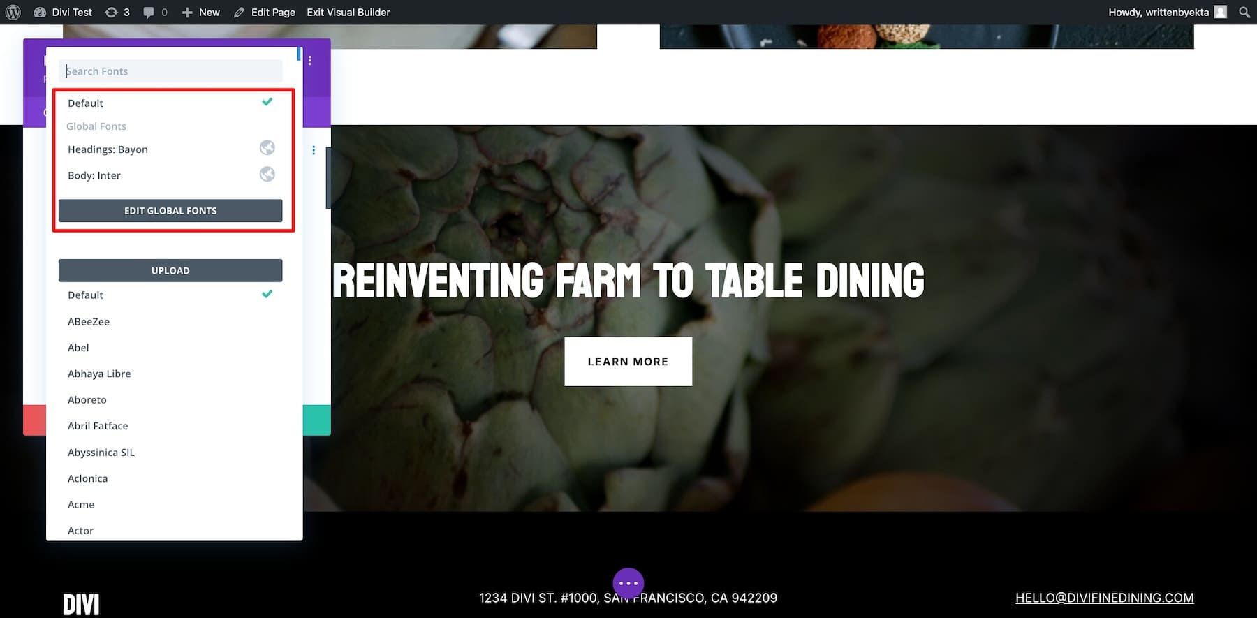 divi builder에서 전역 글꼴 편집
