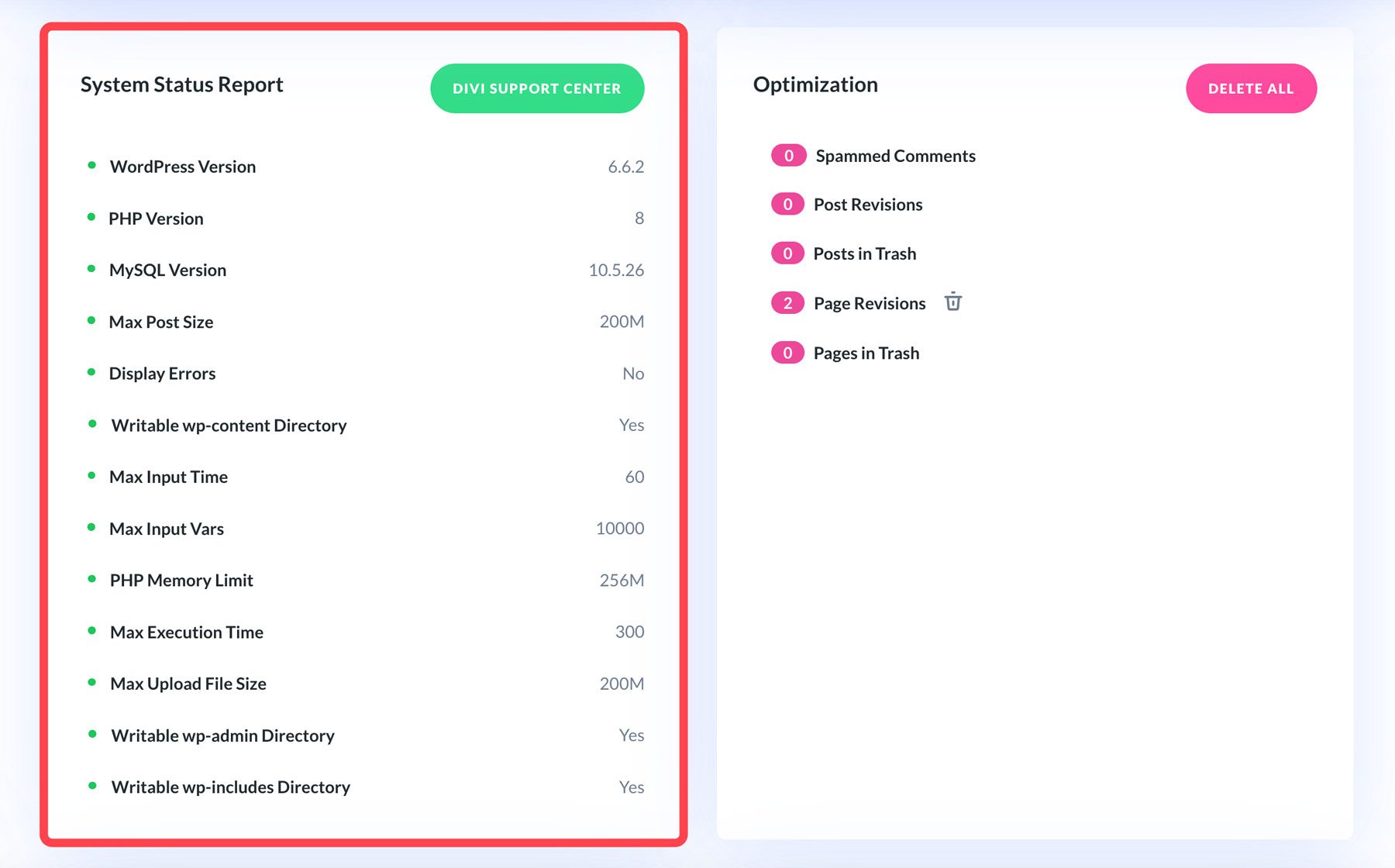 Raportul de stare a sistemului Divi Dash