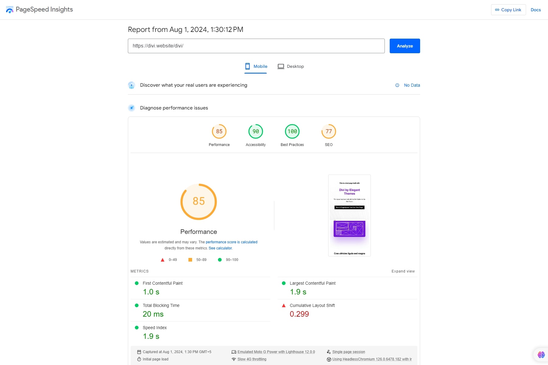 analyse de vitesse de page google divi